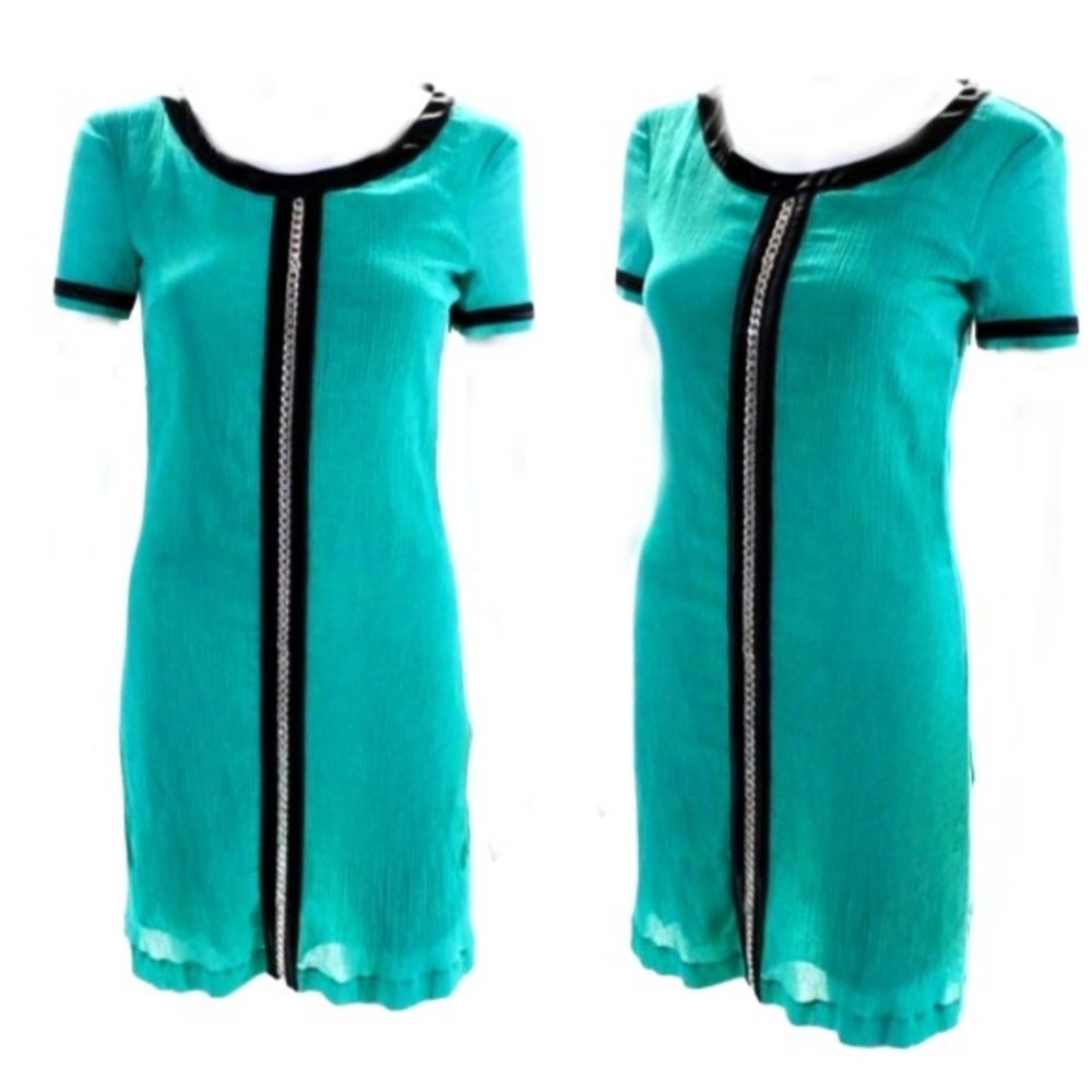 Versace Jeans Vintage Teal Aqua Silver Chain Short Sleeve Dress